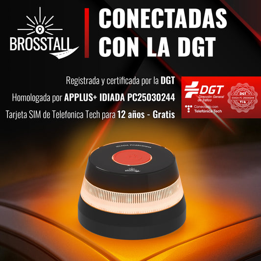Comprar baliza V16 Brosstall homologada y conectada con la DGT, SIM Telefónica Tech gratis por 12 años y certificación IDIADA PC25030244